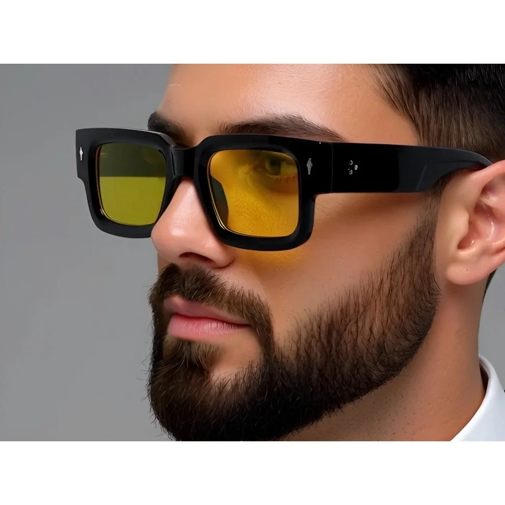 Mens Black Square Frame Sunglasses‎ Yellow Lens Fashion Eyewear Hip Hop Street